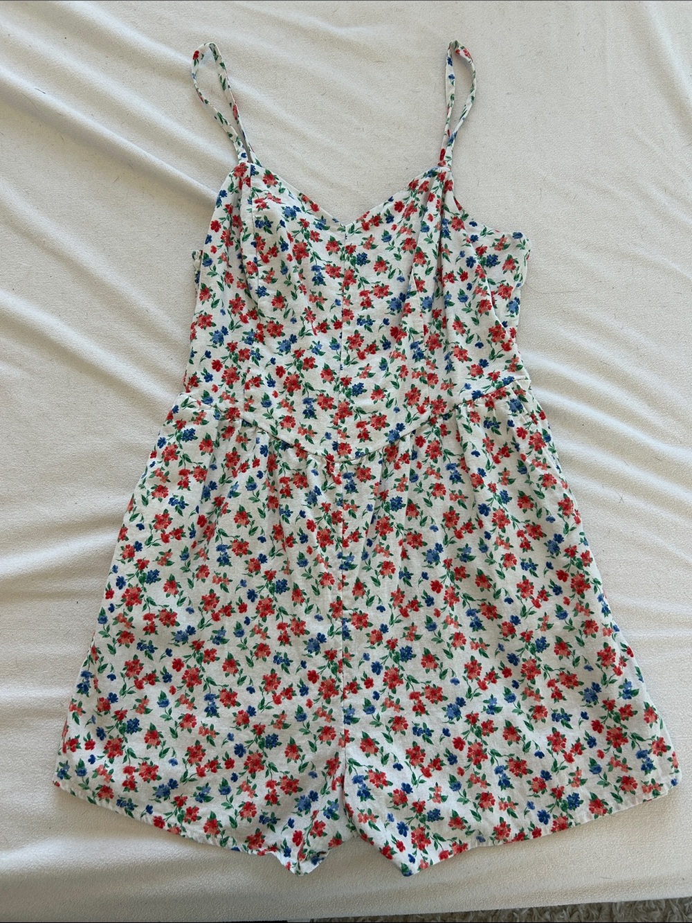 Old Navy White Floral Spaghetti-Strap Romper with Red & Blue Flowers